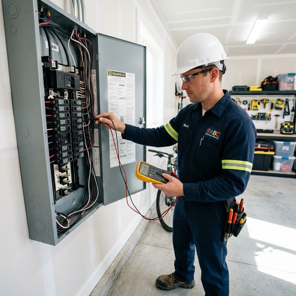 Electrician inspecting a breaker panel representing a thorough home safety inspection
